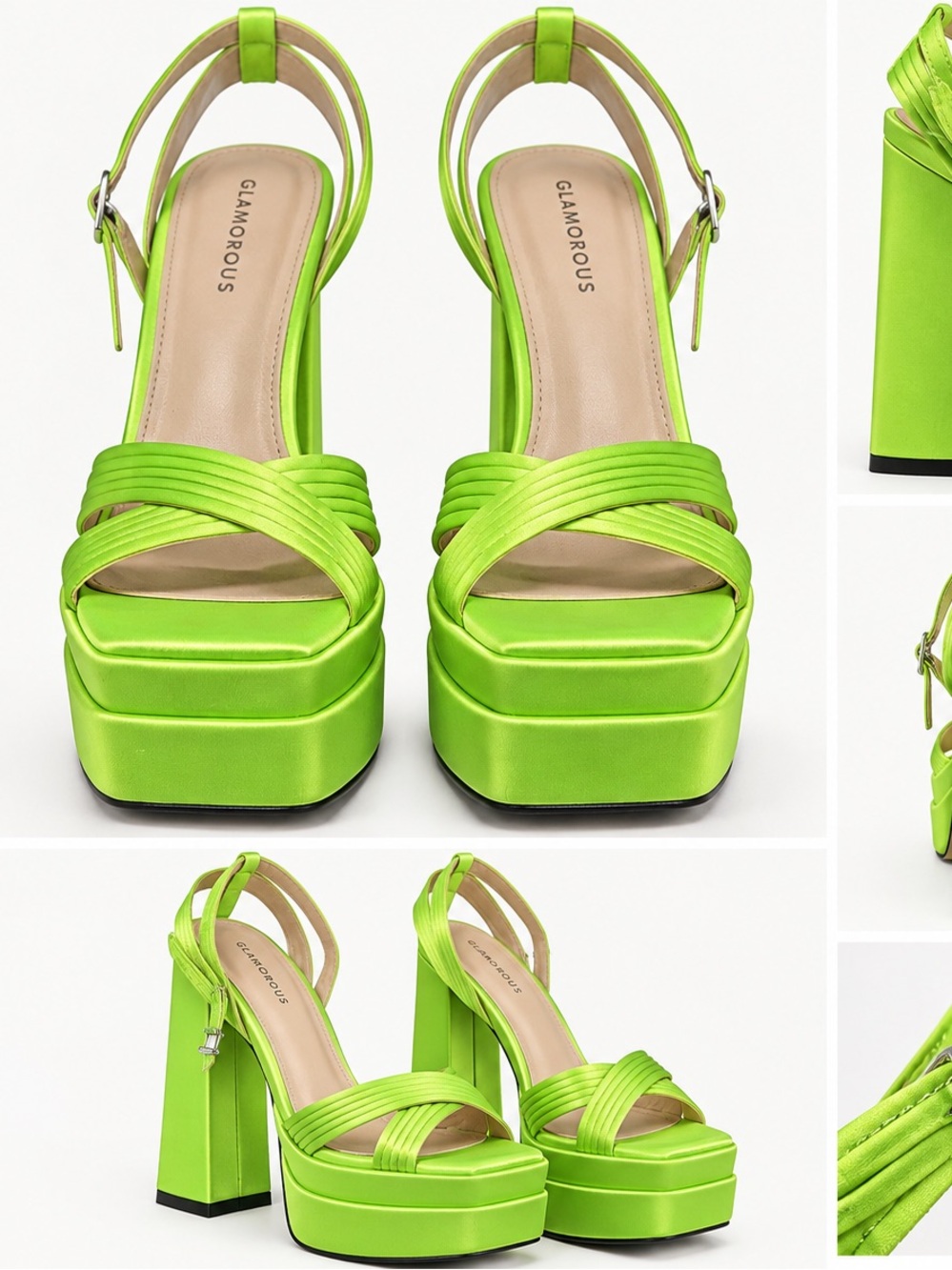 Glamorous Neon Lime Green Satin Platform Block Heels